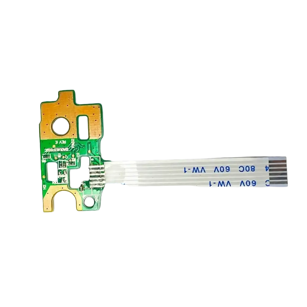 Hp pavilion power button board with green and gold printed circuit board and flexible ribbon cable repair part