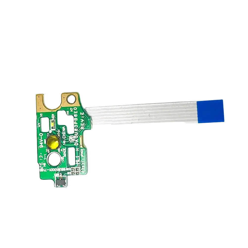 Green printed circuit board of hp pavilion power button board with yellow led gold contacts and white ribbon cable and blue connector