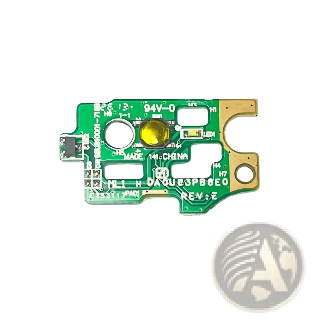 Hp pavilion power button board with cable repair part showing green circuit board with gold contacts and yellow led component