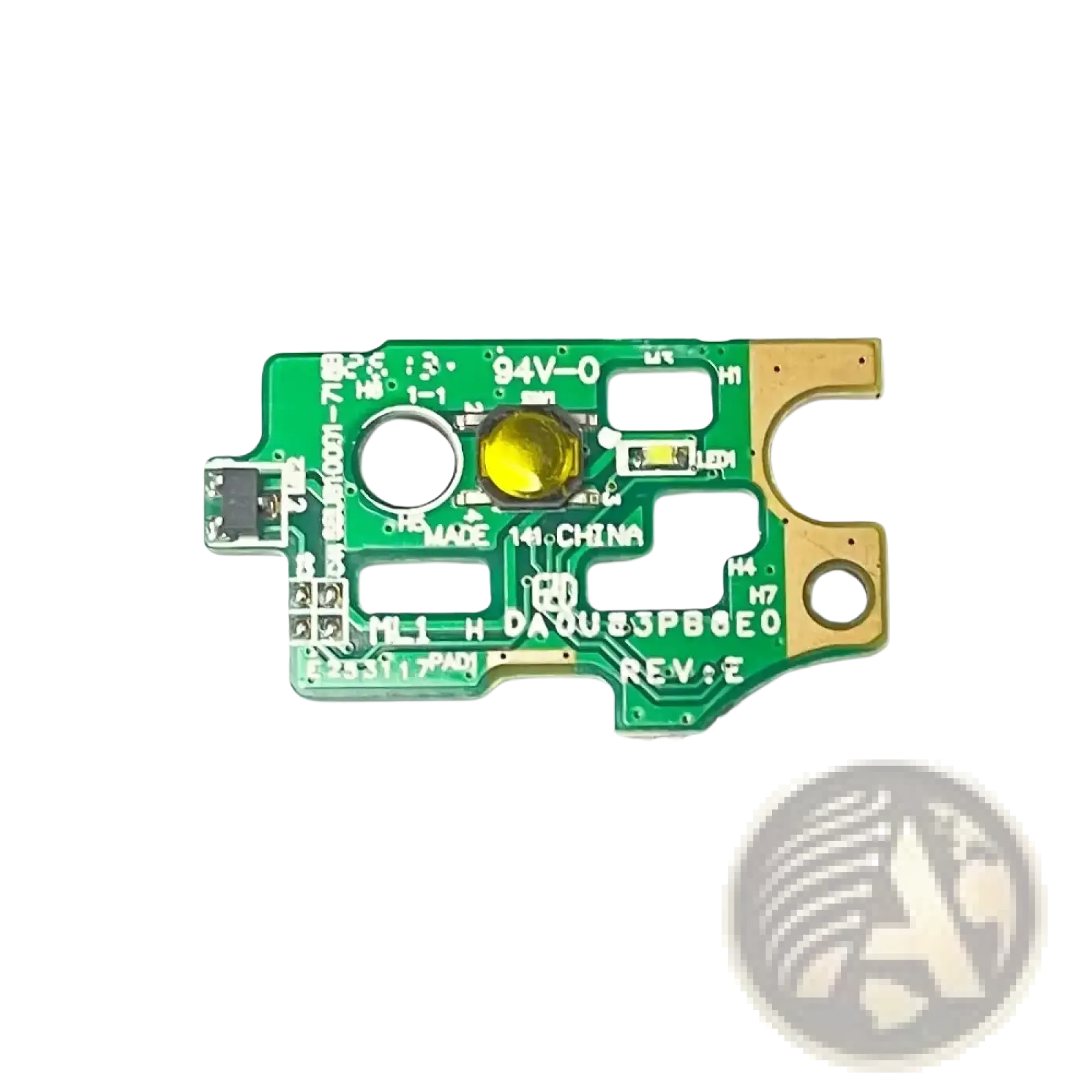 Hp pavilion power button board with cable repair part showing green circuit board with gold contacts and yellow led component