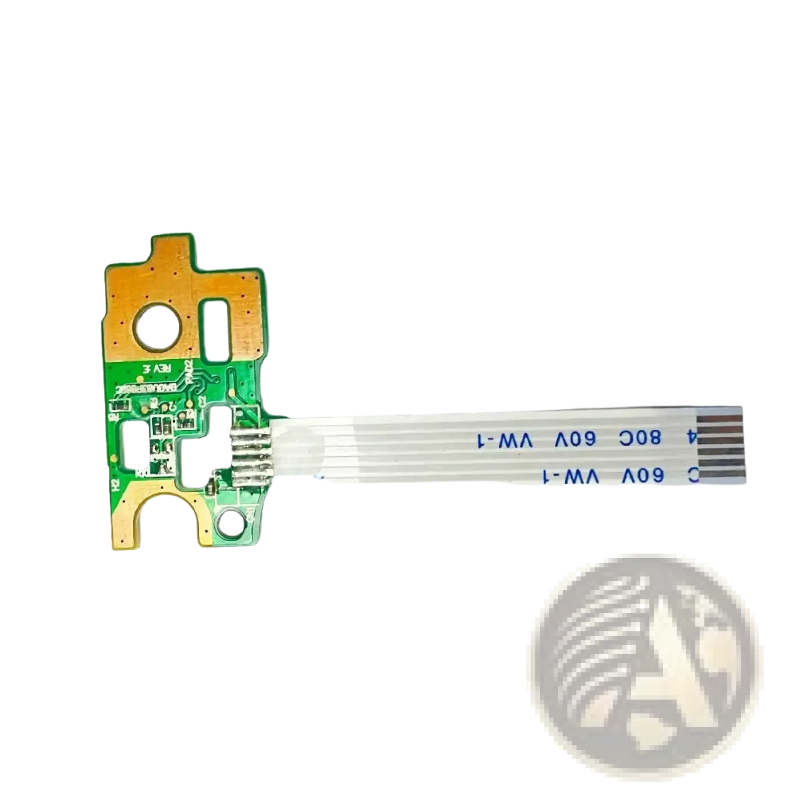 Hp pavilion power button board with green and gold printed circuit board and flexible ribbon cable repair part
