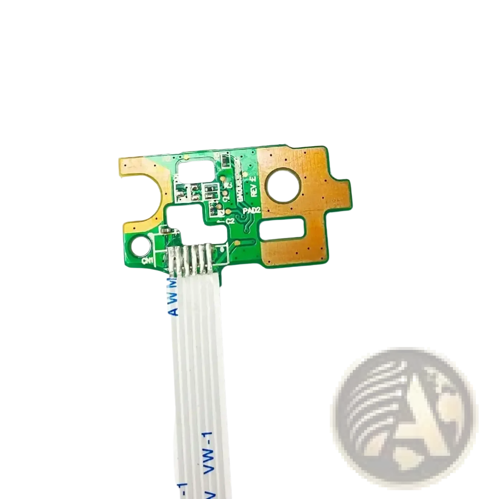 Hp pavilion power button board with cable repair part green and gold printed circuit board with white ribbon cable attached