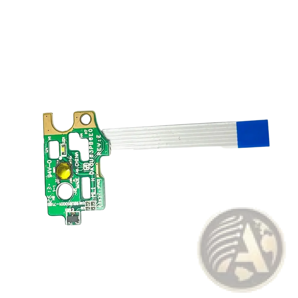 Green printed circuit board of hp pavilion power button board with yellow led gold contacts and white ribbon cable and blue connector