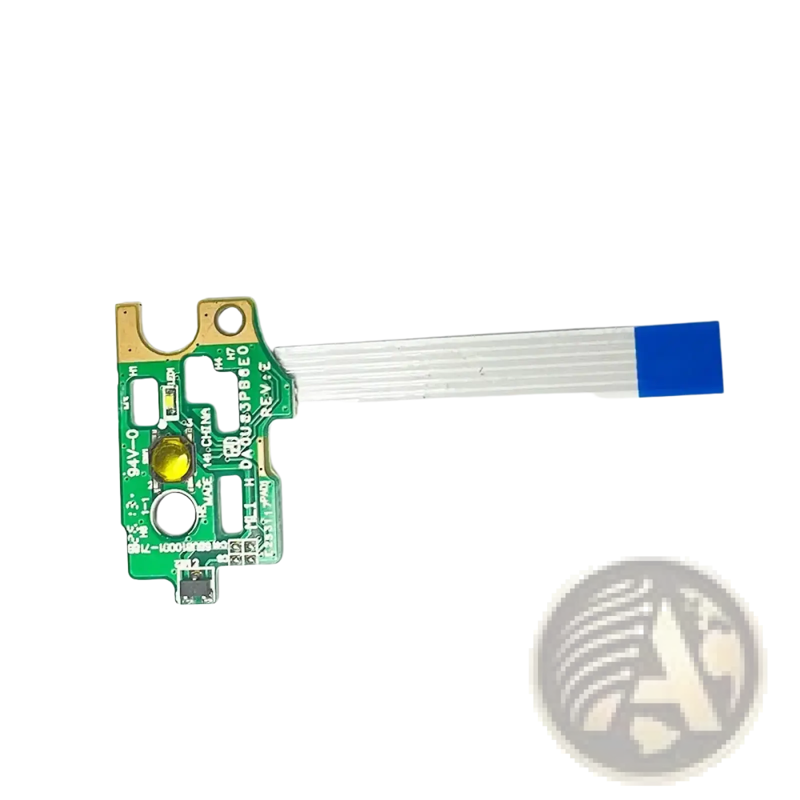 Green printed circuit board of hp pavilion power button board with yellow led gold contacts and white ribbon cable and blue connector