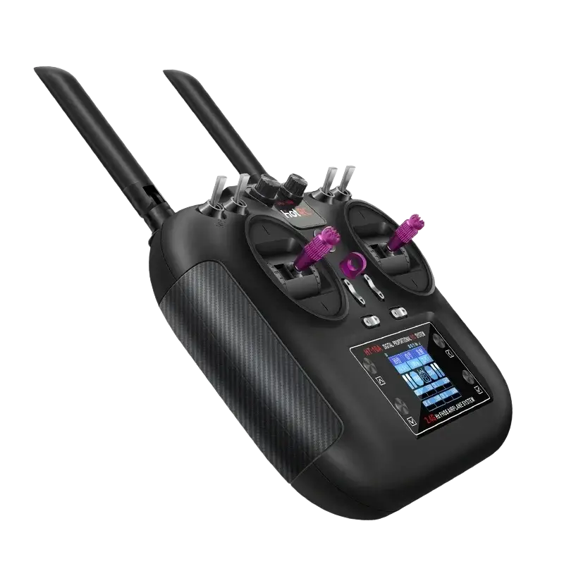 Ht-10a remote controller with black carbon-fiber texture, purple knobs, dual antennas, 2.4ghz 10ch receiver