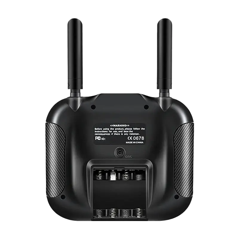 Black ht-10a remote controller with two antennas and carbon fiber textured side panels for 2.4ghz 10ch receiver