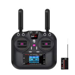 Black ht-10a remote controller with 2.4ghz 10ch receiver, two antennas, and touchscreen display for precise control