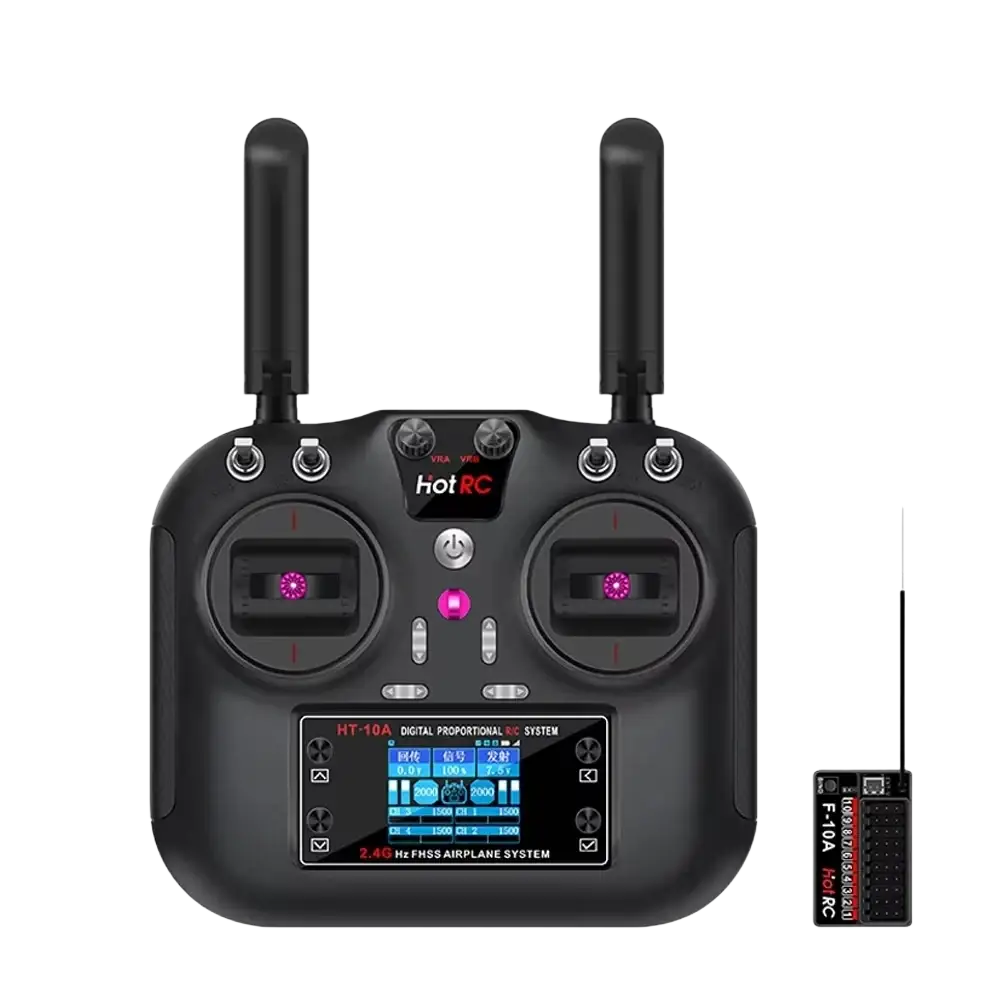 Black ht-10a remote controller with 2.4ghz 10ch receiver, two antennas, and touchscreen display for precise control