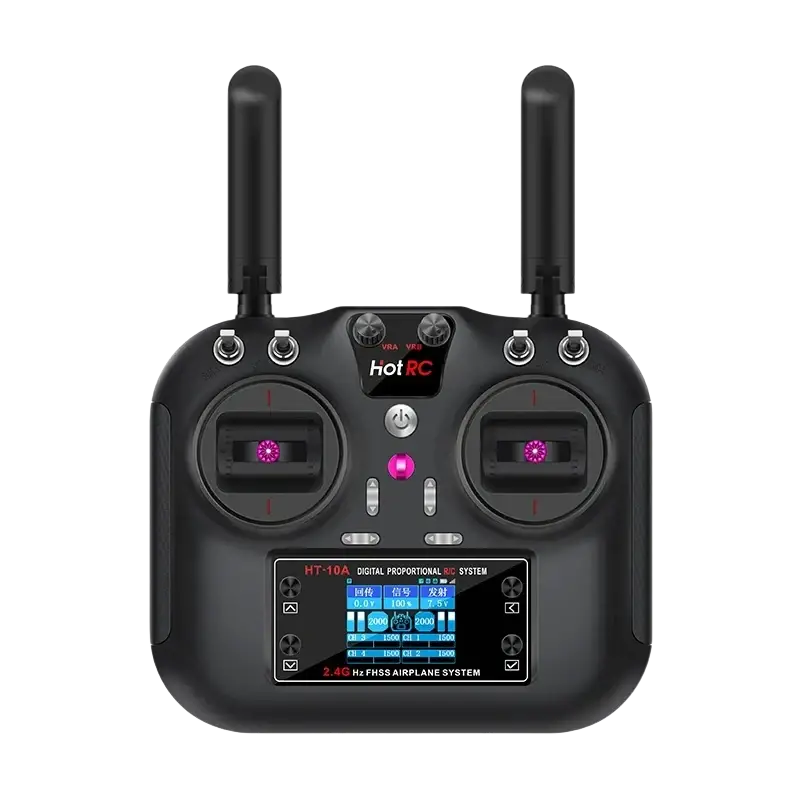 Black ht-10a remote controller 2.4ghz 10ch with two antennas, central screen, and pink illuminated buttons for rc use