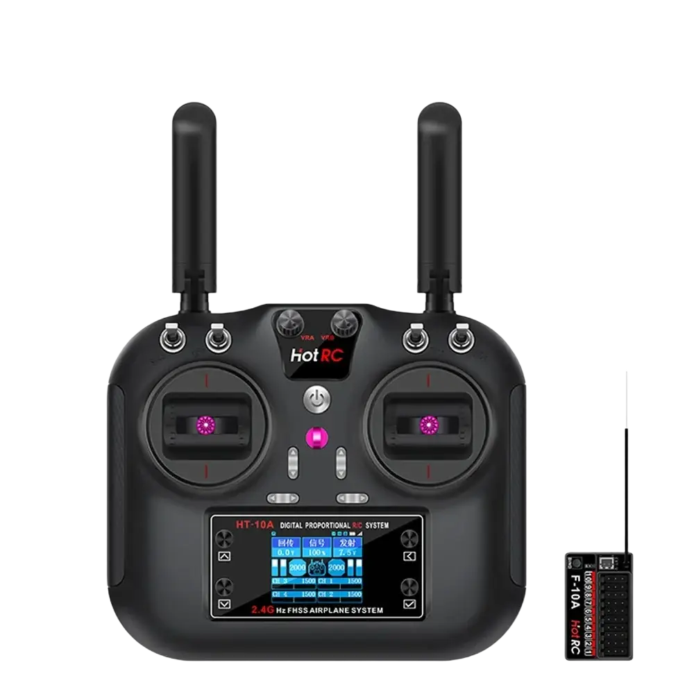 Black aneegfpv hotrc ht-10a ten channel color screen remote control with two antennas and matching receiver
