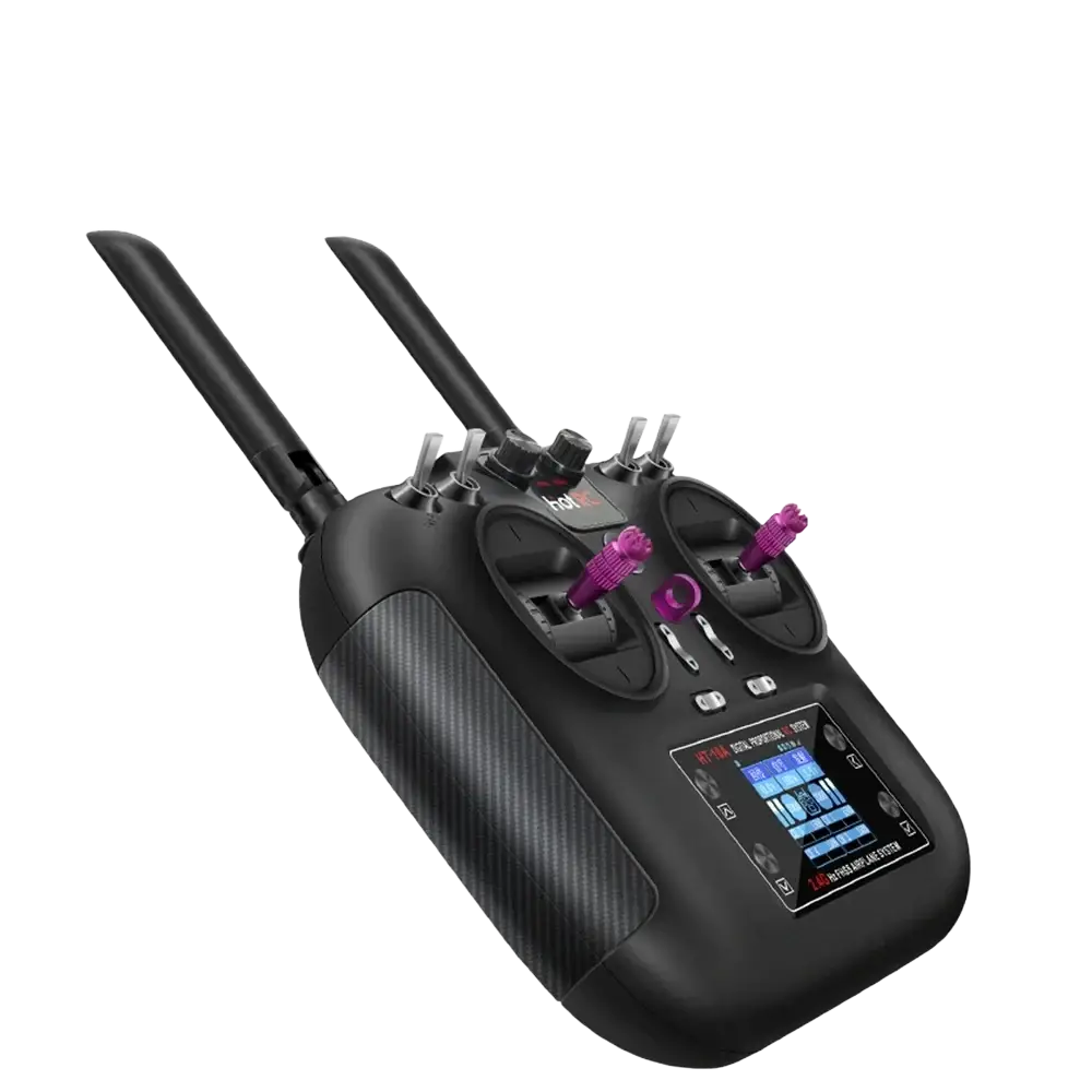 Ht-10a ten channel color remote control with black aneegfpv body purple joystick trim and touchscreen display