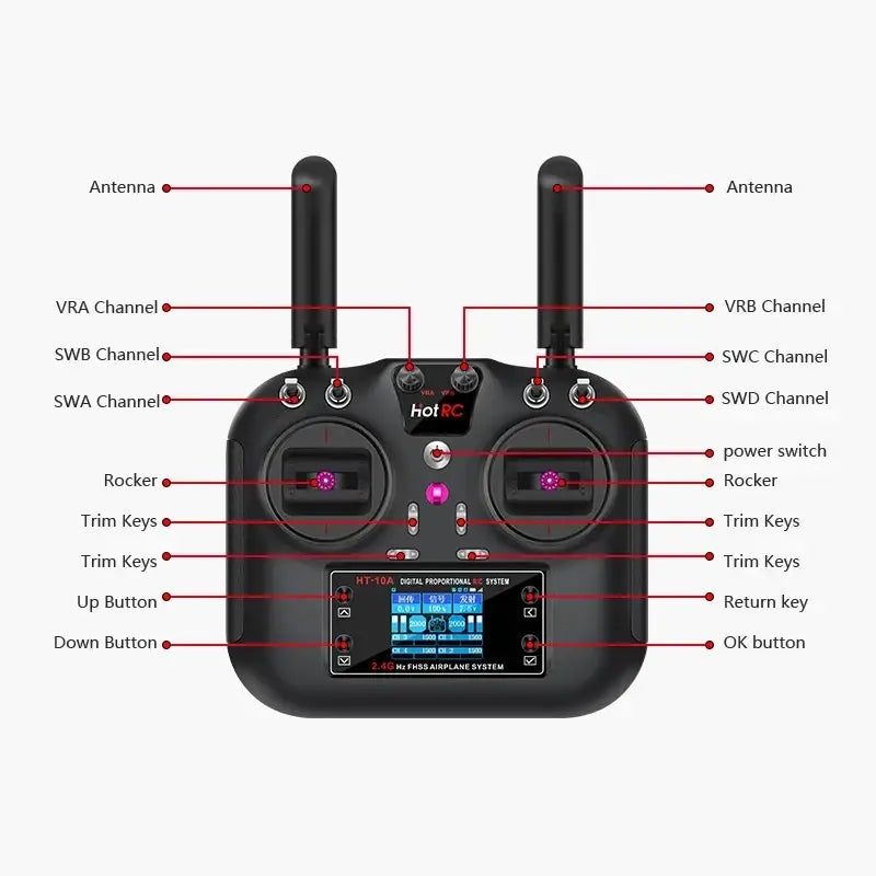 Black ht-10a ten channel color screen remote control with dual joysticks pink trim keys and two antennas
