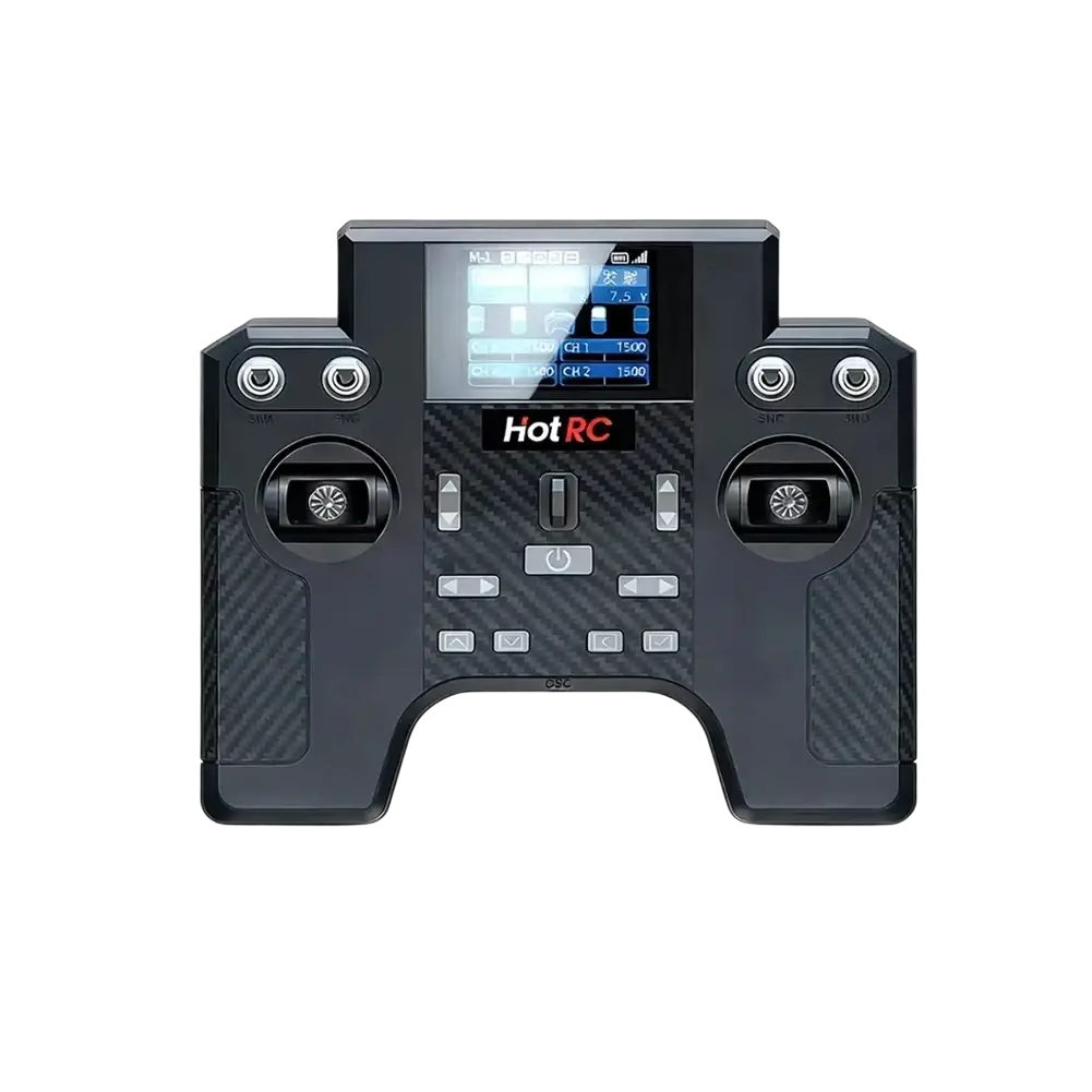 Black carbon fiber textured ht-8a 8 channel remote control transmitter with digital display and dual joysticks for rc use
