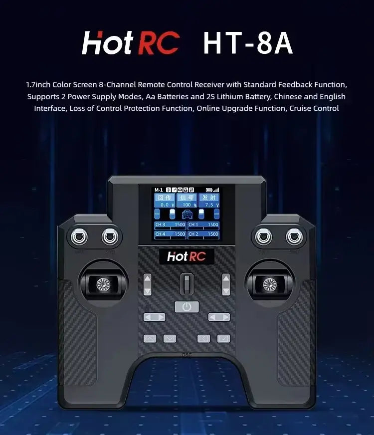 Black ht-8a remote control receiver with 1.7-inch color screen and carbon fiber textured grips for precise control