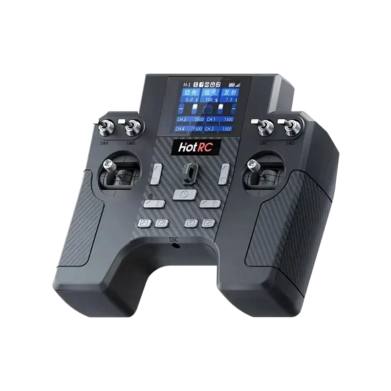 Black ht-8a remote control transmitter kit with digital display and carbon fiber textured grips for precision control