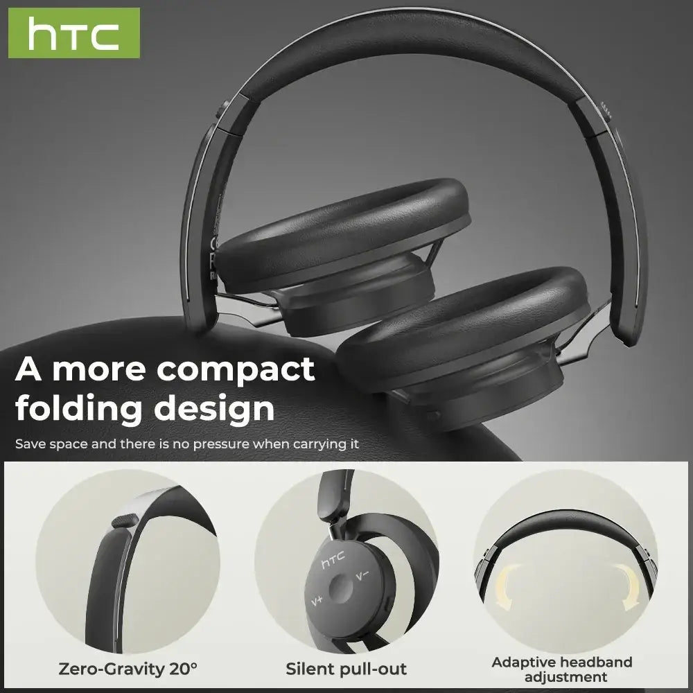 Black htc hp06 wireless headphones with noise reduction, long battery life, padded earcups, and compact folding design