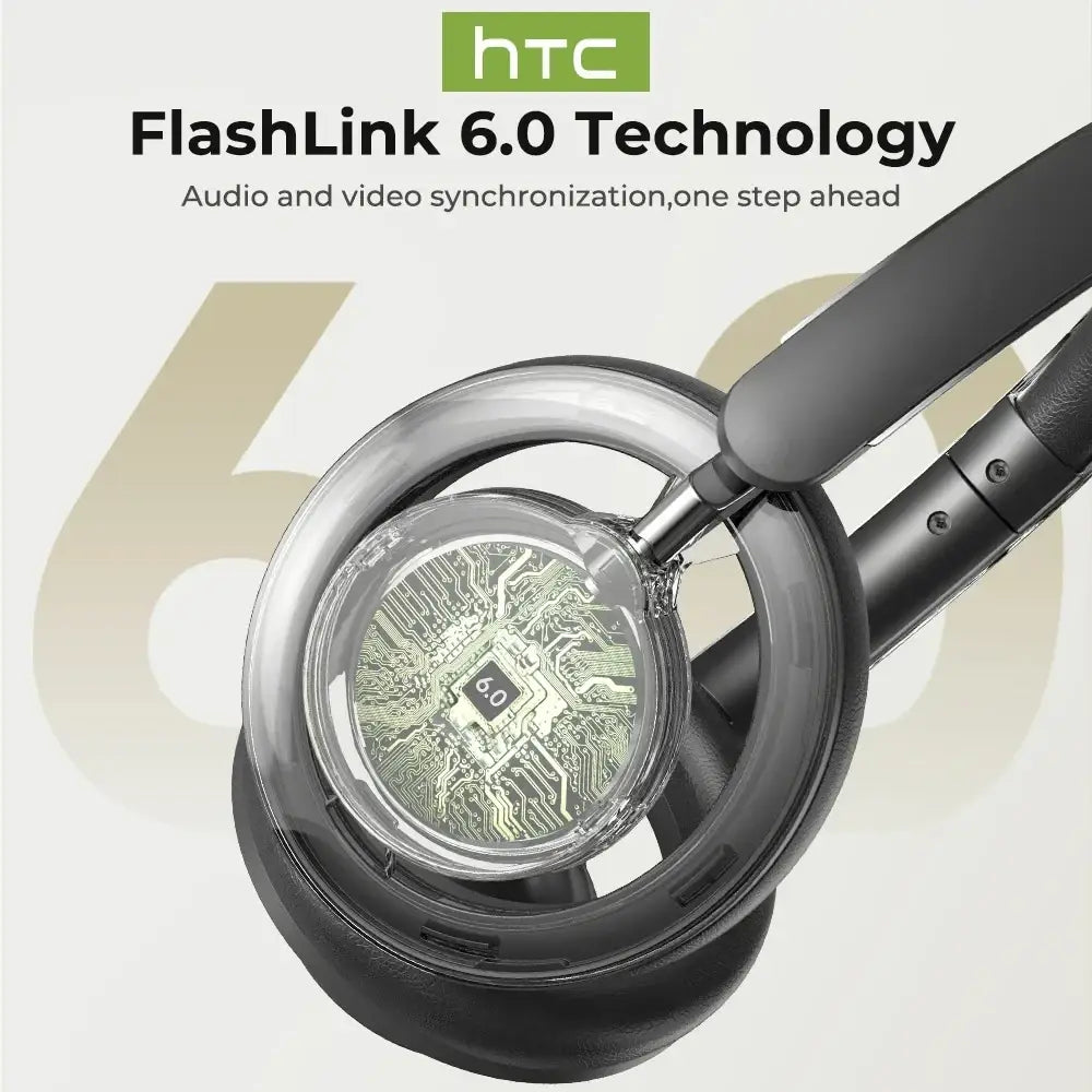 Black htc hp06 wireless headphones with transparent design featuring htc flashlink 6.0 chip, noise reduction, and long battery life