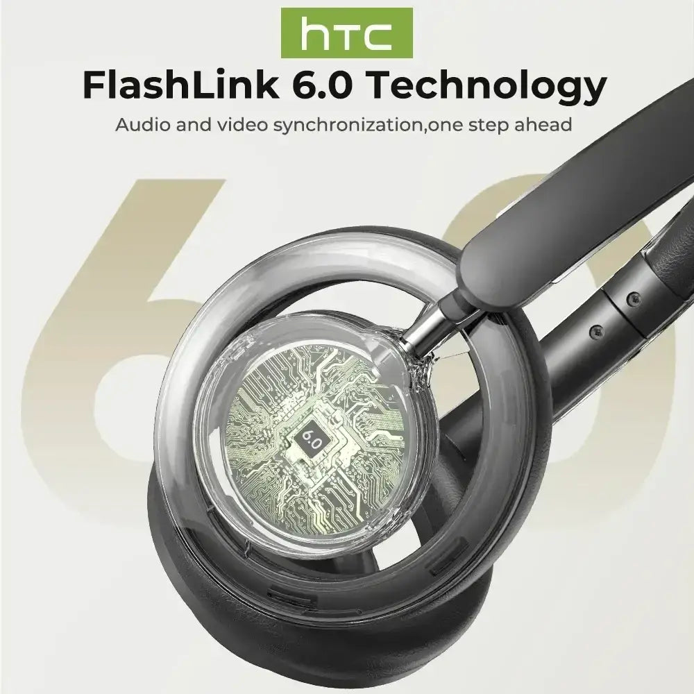 Black htc hp06 wireless over ear headphones with noise reduction and long battery life featuring flashlink 6.0 technology