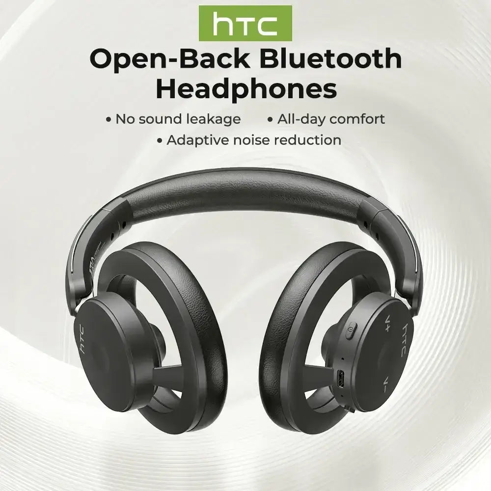 Black htc hp06 wireless open-back headphones with soft-touch earcups noise reduction and long battery life