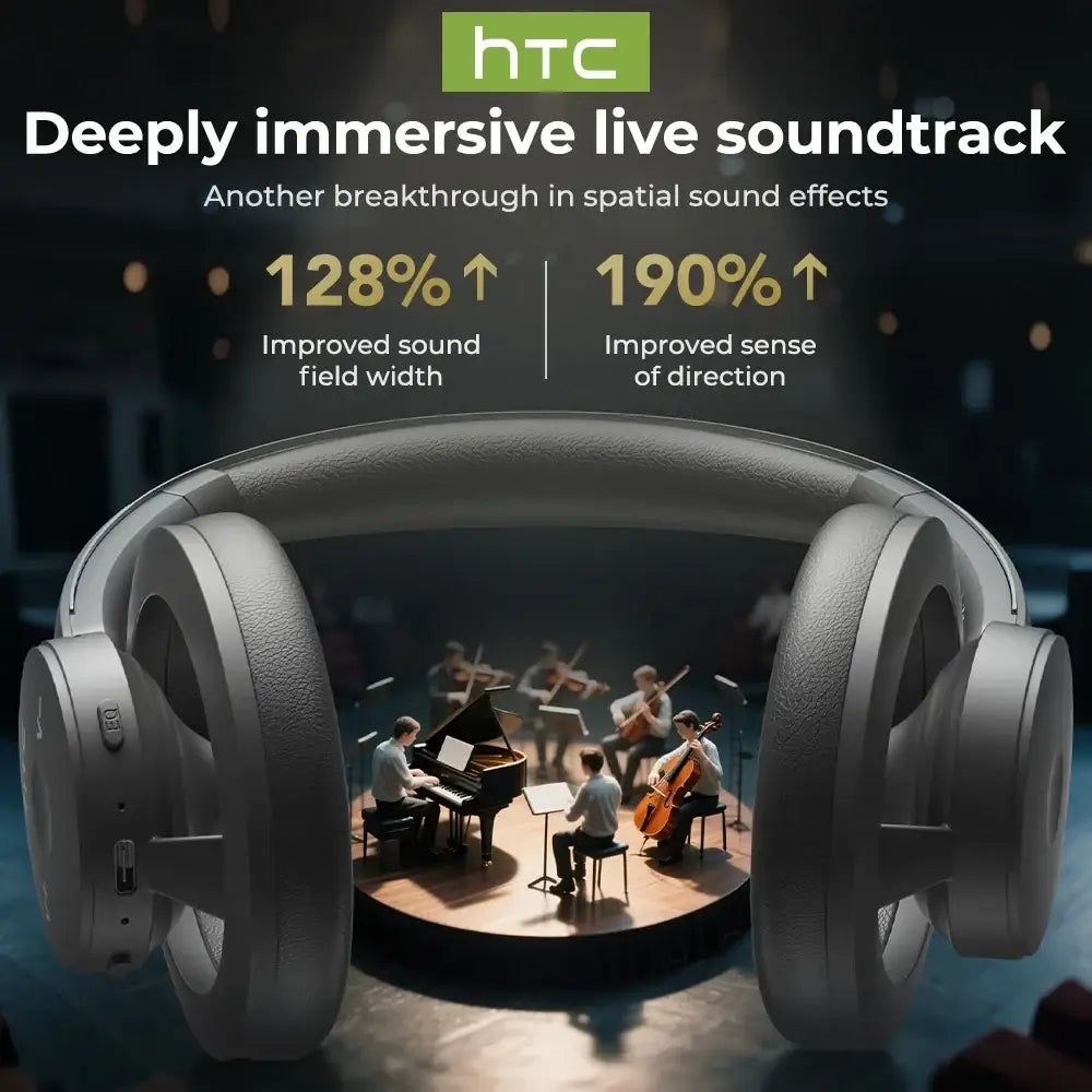 Gray htc hp06 wireless over-ear headphones with noise reduction and long battery life featuring sleek earcups