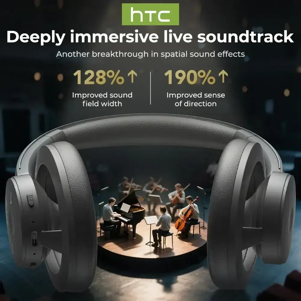 Gray htc hp06 wireless over-ear headphones with noise reduction and long battery life featuring sleek earcups