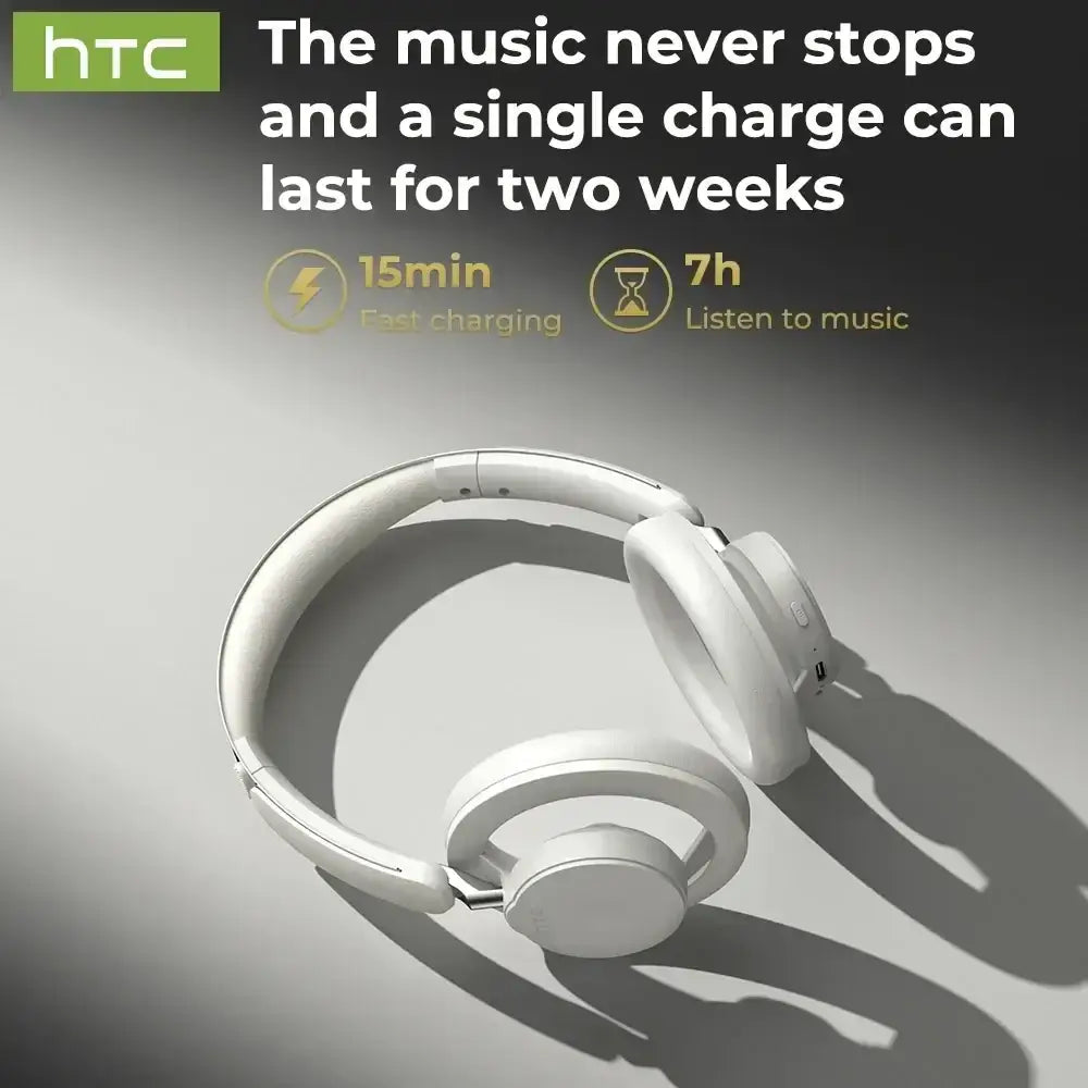 White htc hp06 wireless over-ear headphones with sleek plastic finish featuring noise reduction and long battery life