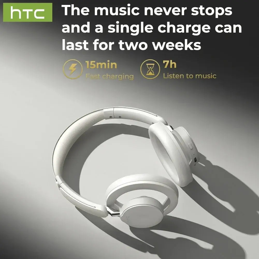 White over-ear htc hp06 wireless headphones with noise reduction, sleek plastic finish, and long battery life