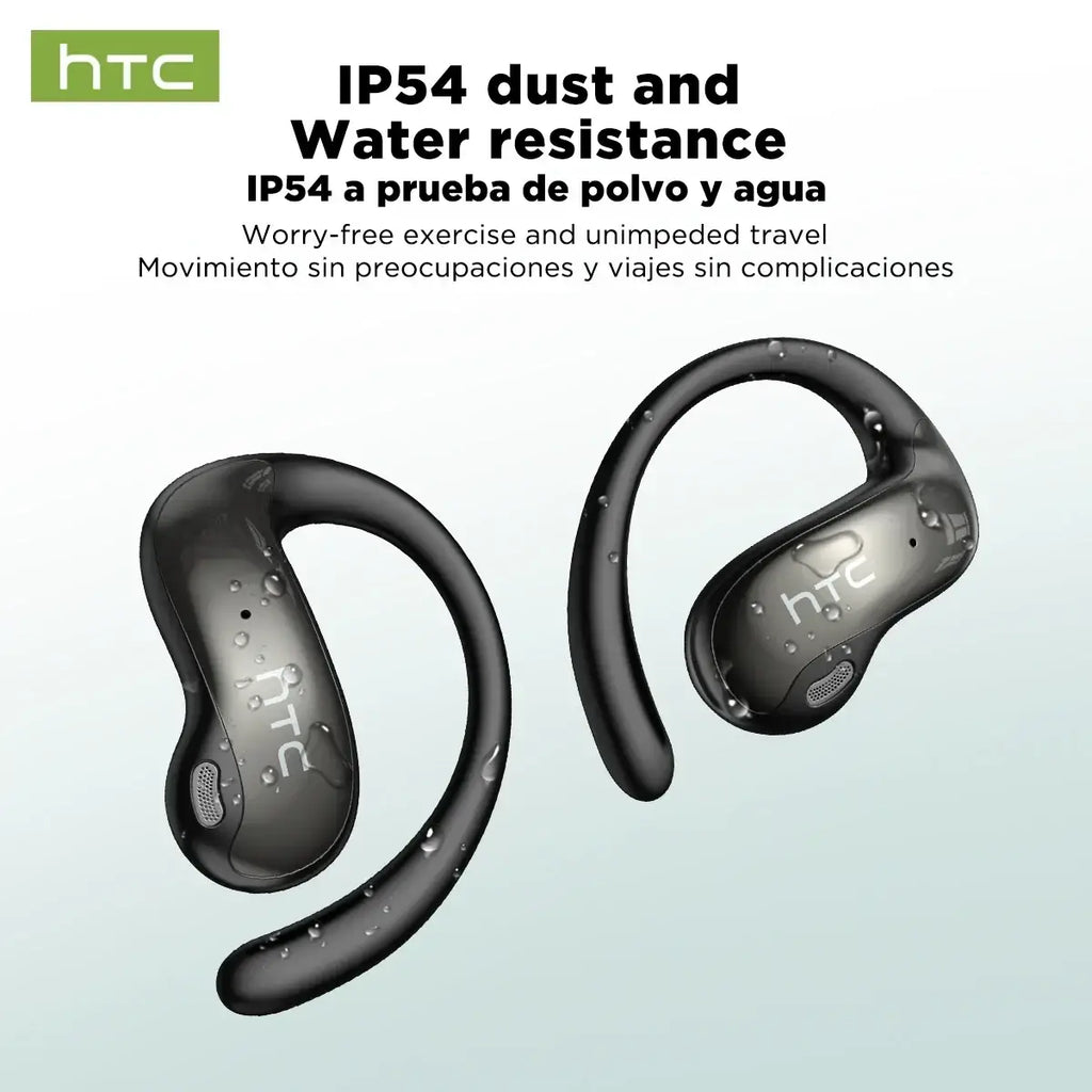 Black htc ne19 ear hook wireless earbuds with sleek curved design and water-resistant finish with charging case