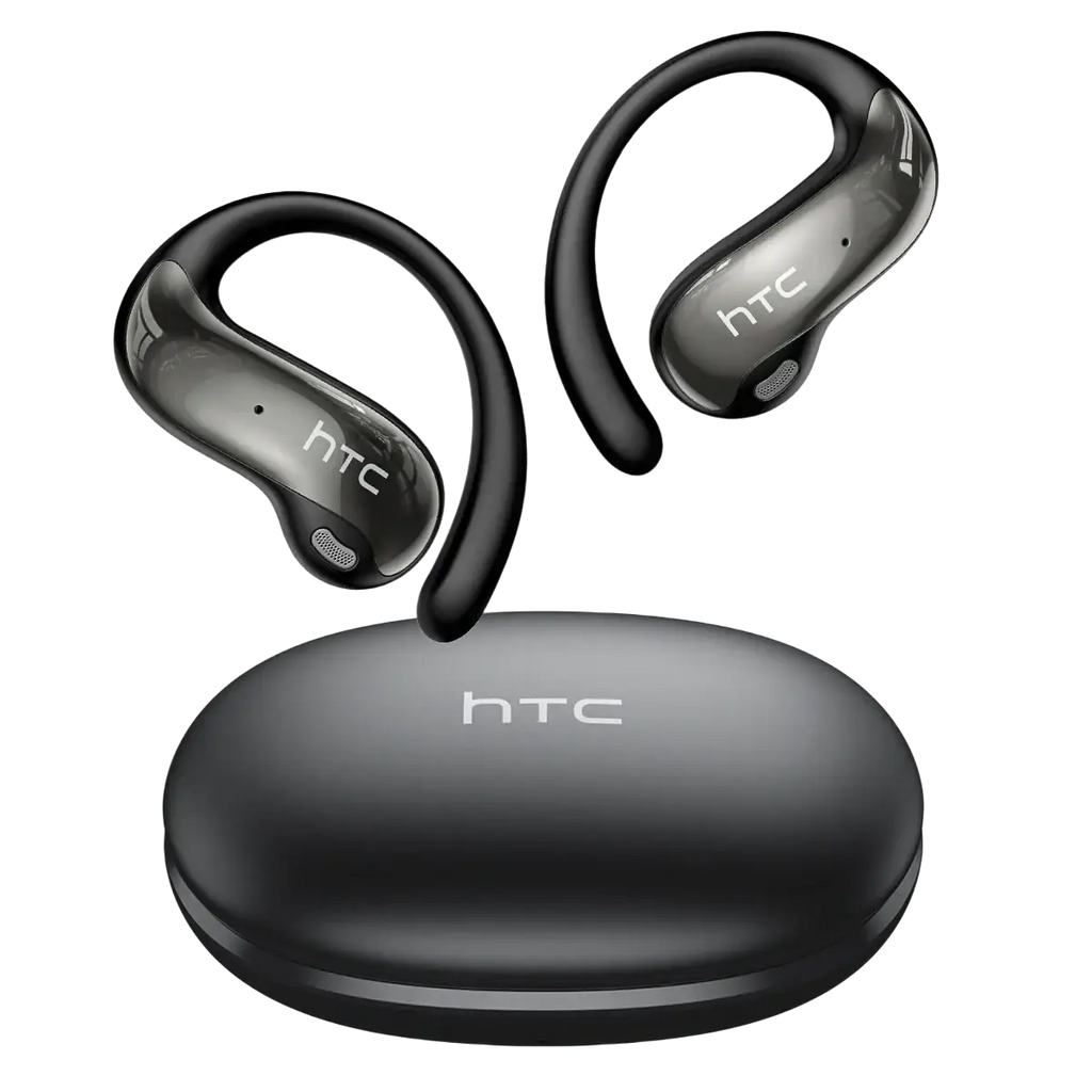 Black htc ne19 wireless earbuds with glossy finish and ergonomic ear hook design for secure fit and charging case use
