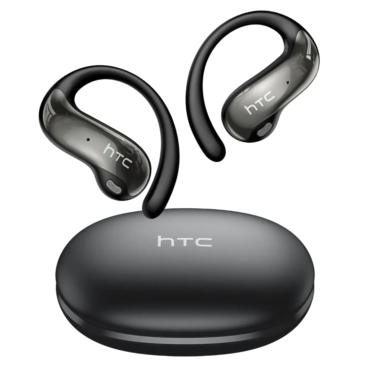 Black htc ne19 wireless earbuds with glossy finish and ergonomic ear hook design for secure fit and charging case use