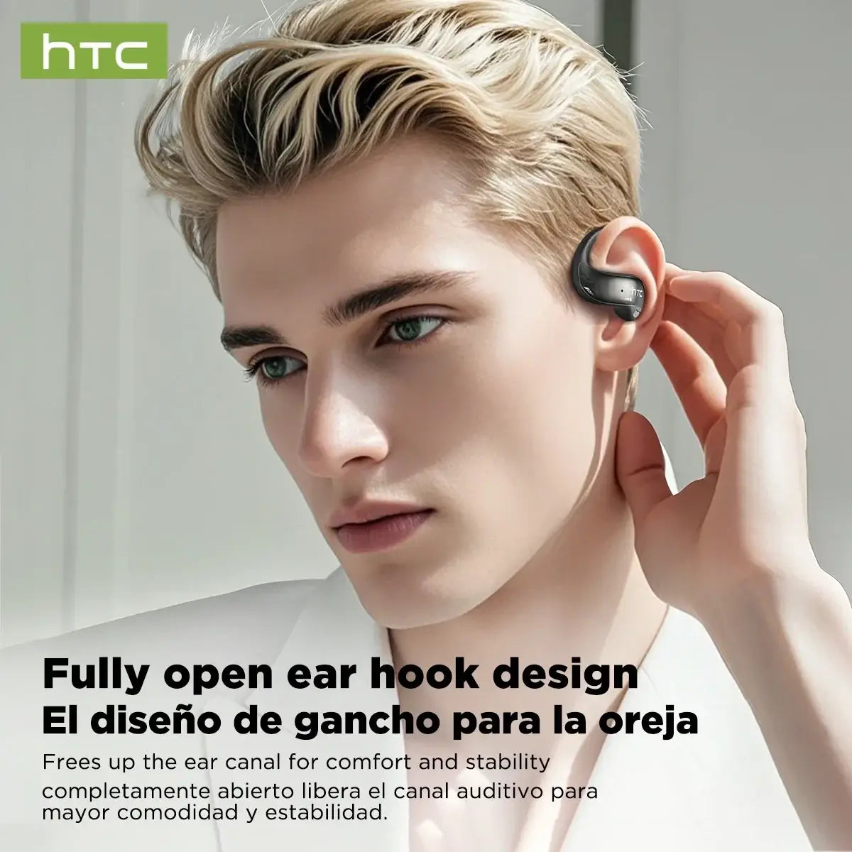 Black htc ne19 wireless earbud with ergonomic ear hook design for secure fit and charging case compatibility