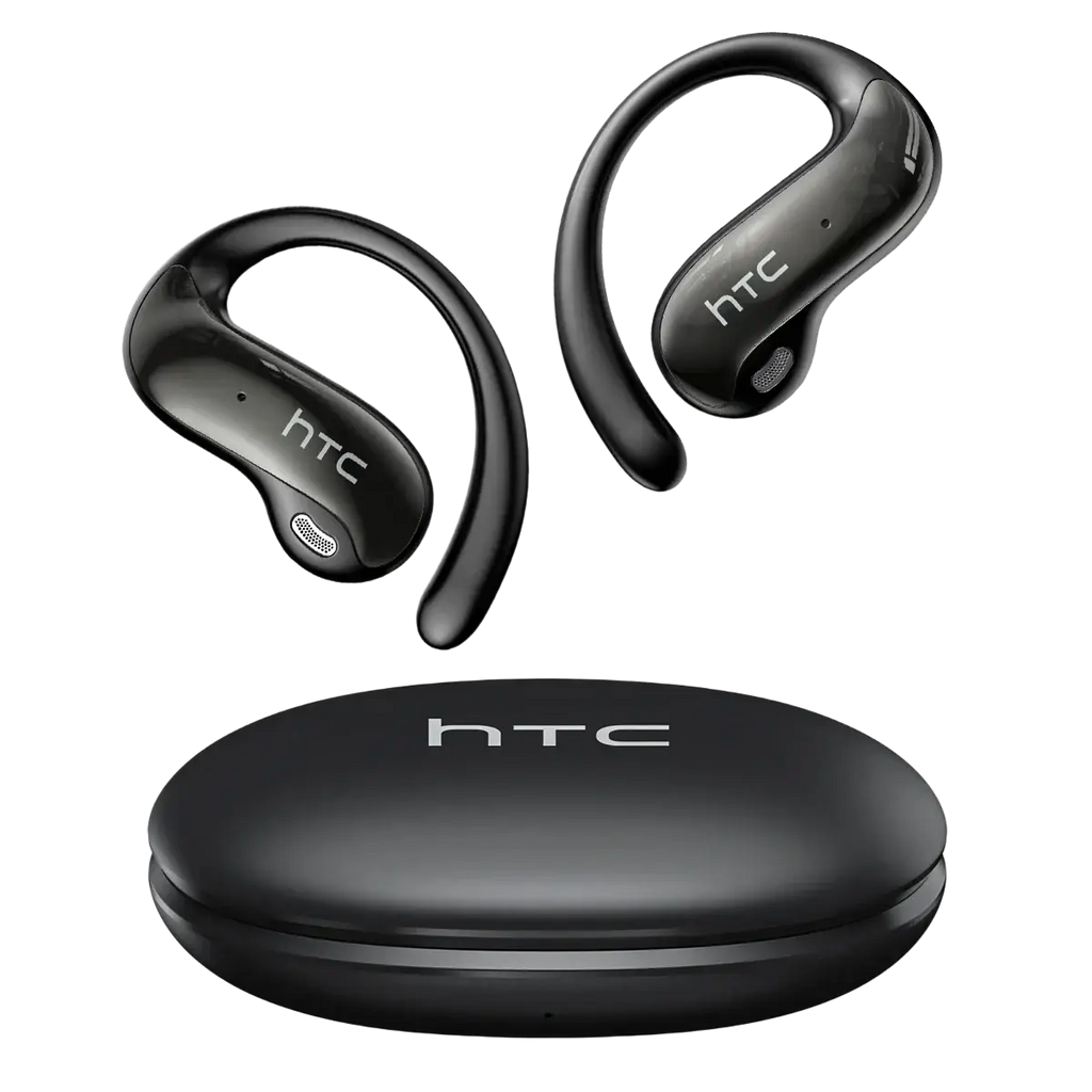 Black htc ne19 ear hook wireless earbuds with sleek curved design and matching charging case for audio use