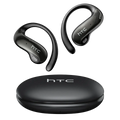 Black htc ne19 ear hook wireless earbuds with sleek curved design and matching charging case for audio use