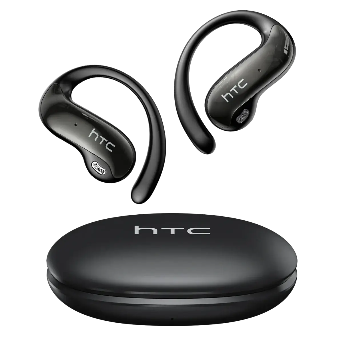 Black htc ne19 ear hook wireless earbuds with sleek curved design and matching charging case for audio use
