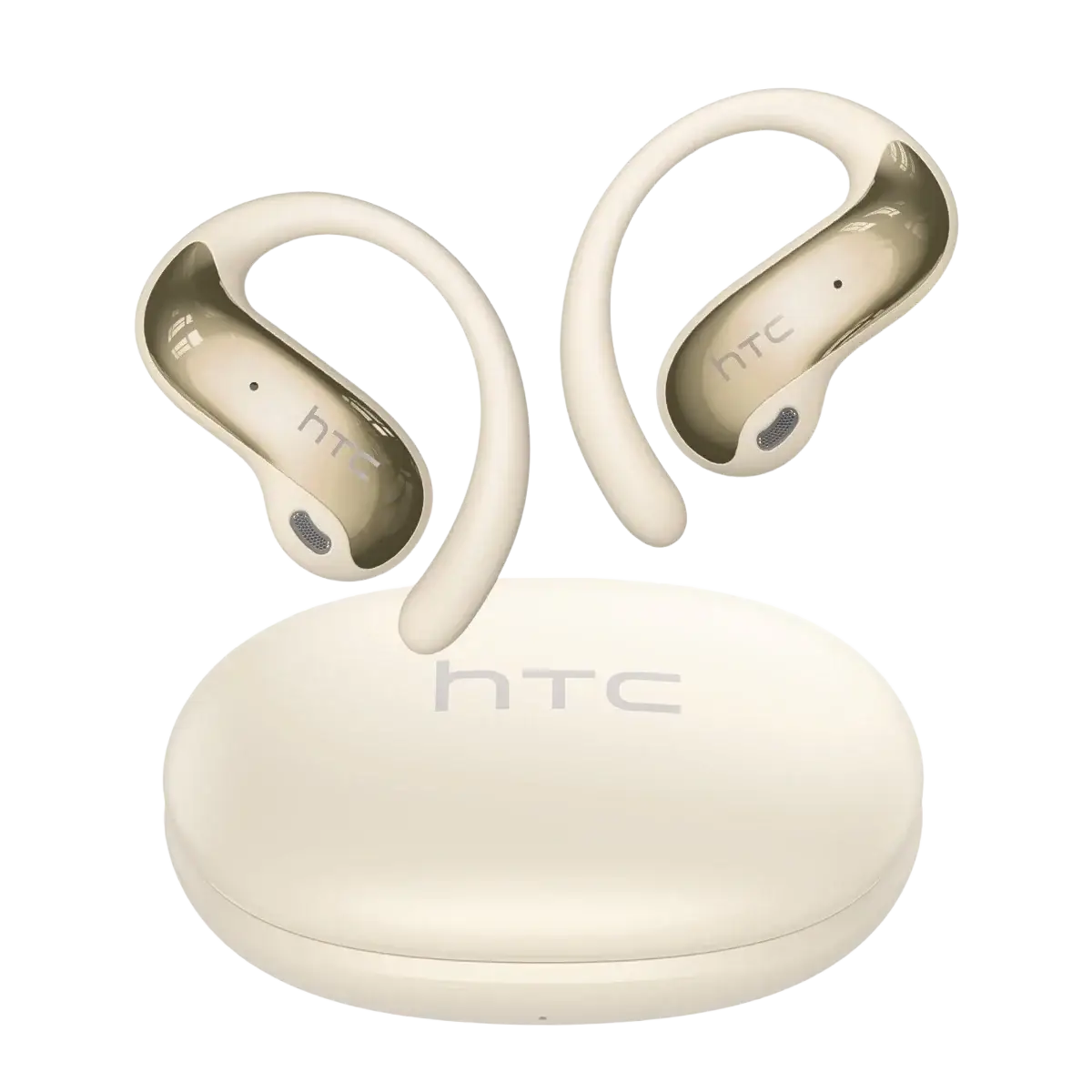 Cream-colored htc ne19 ear hook wireless earbuds with sleek curved design and metallic gold accents with charging case