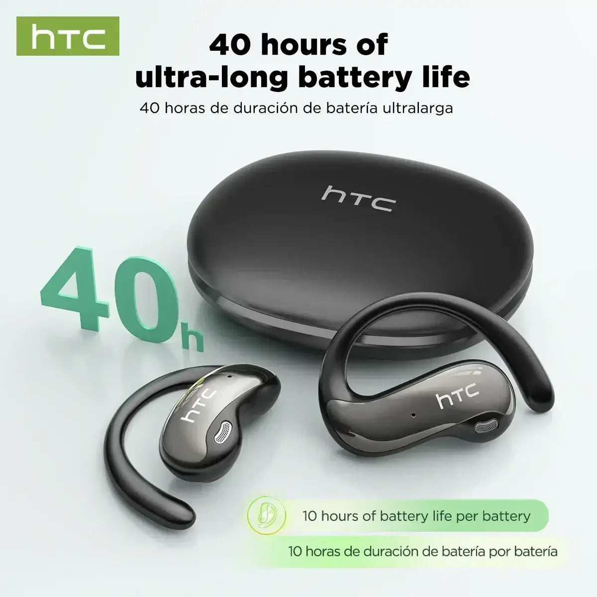Black htc ne19 ear hook wireless earbuds with sleek curved design metallic accents and charging case