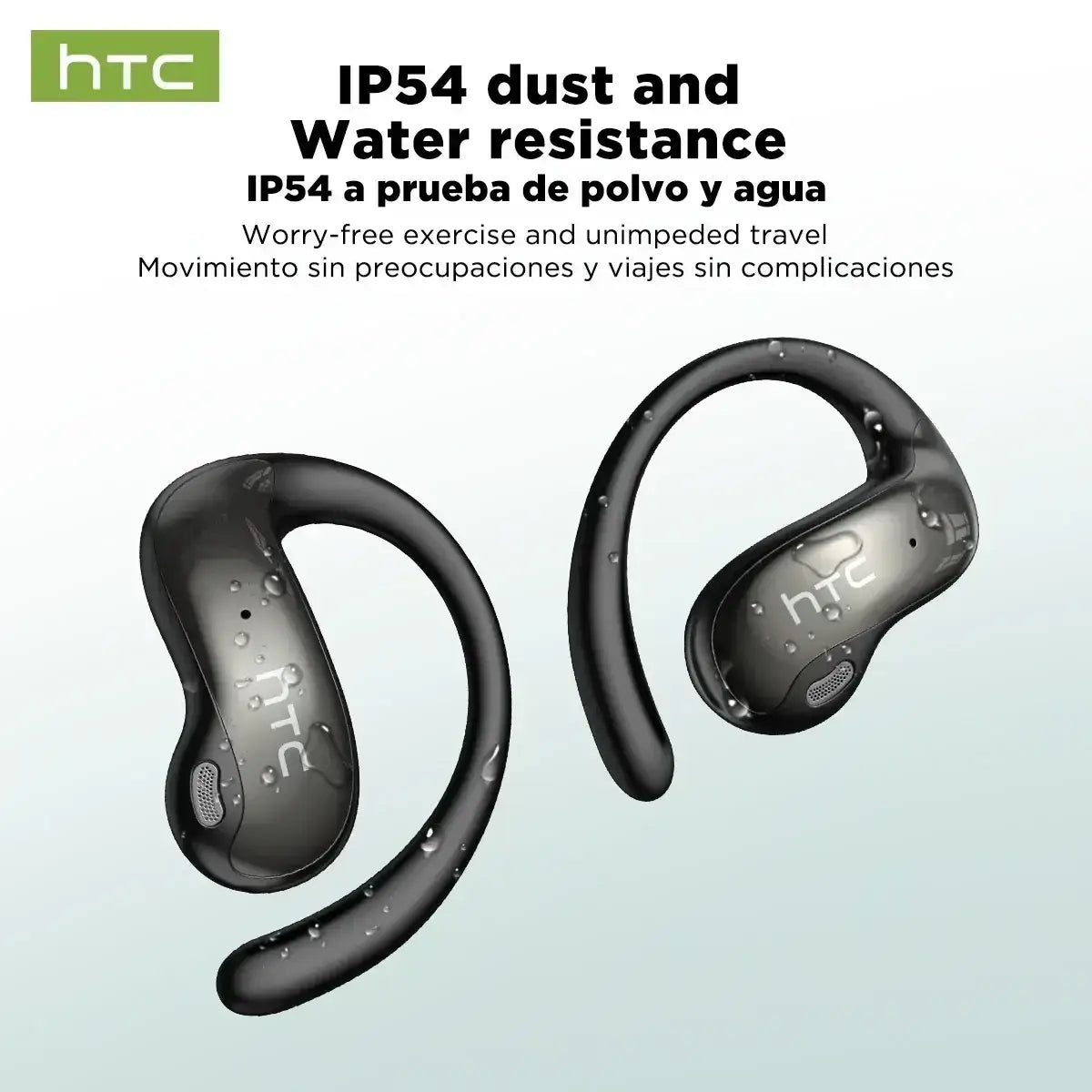 Black htc ne19 ear hook wireless earbuds with sleek curved design and water-resistant finish with charging case