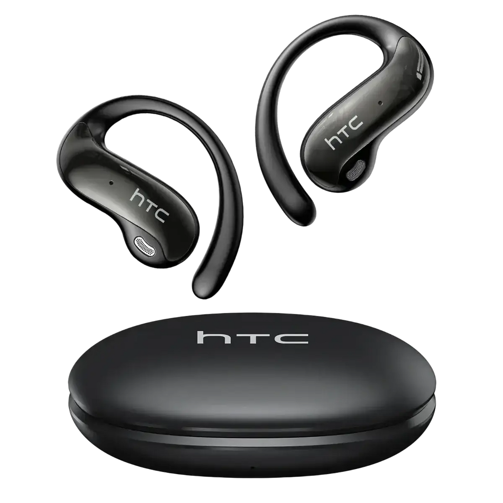 Black htc ne19 ear hook wireless earbuds with sleek curved design and matching charging case for secure fit and portability