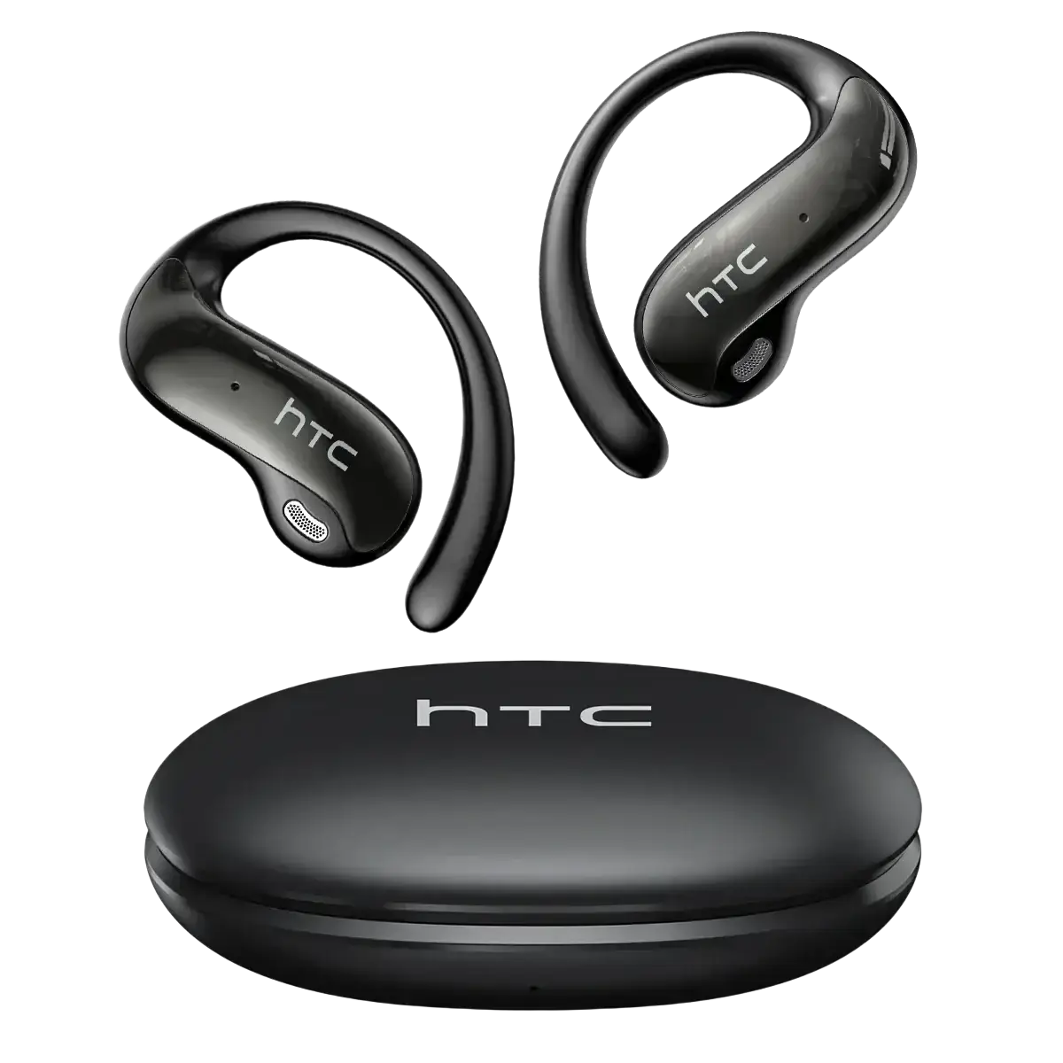Black htc ne19 ear hook wireless earbuds with sleek curved design and matching charging case for secure fit and portability