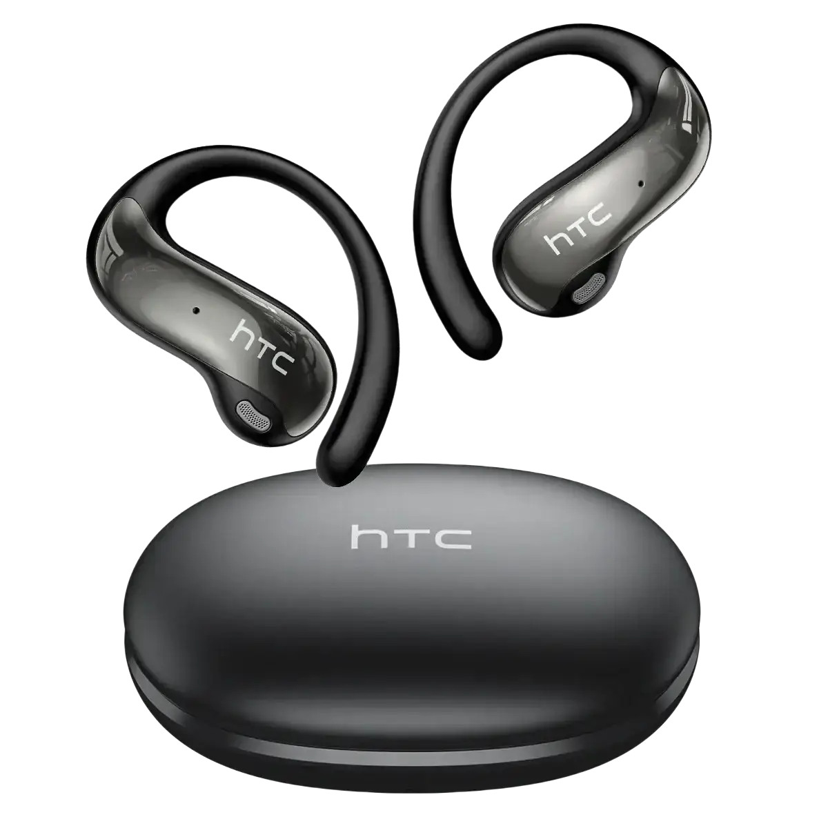 Black htc ne19 ear hook wireless earbuds with glossy finish and oval-shaped charging case for convenient use