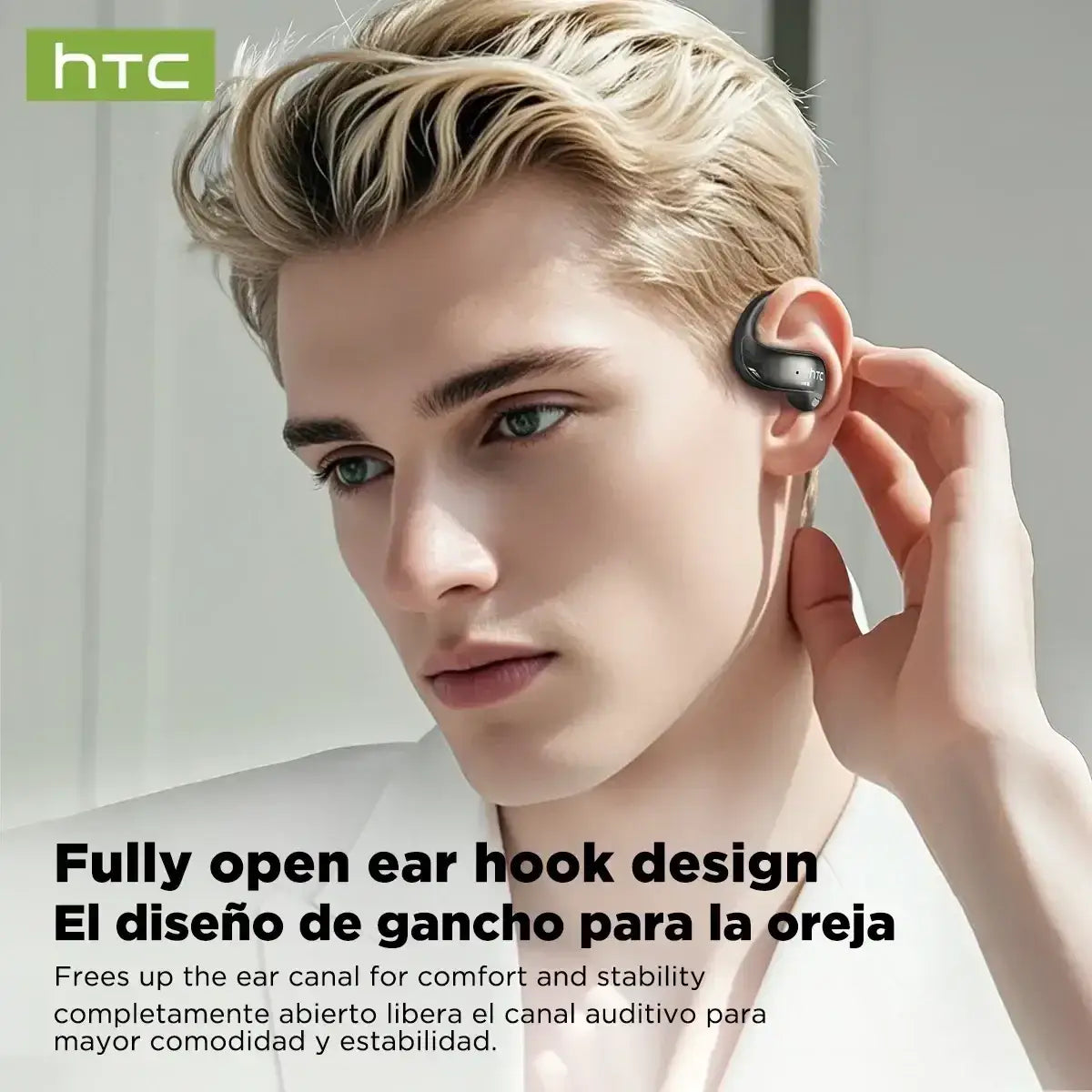 Black htc ne19 ear hook wireless earbuds with sleek curved design and charging case for secure open-ear fit