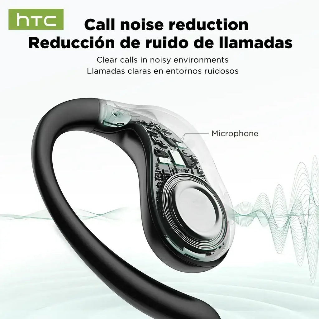 Black htc ne19 ear hook wireless earbuds with transparent casing revealing internal circuitry and microphone with charging case