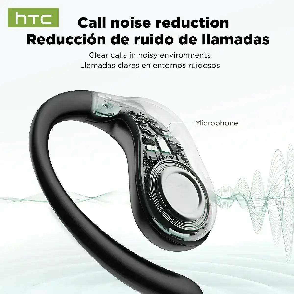Black htc ne19 ear hook wireless earbuds with transparent casing revealing internal circuitry and microphone with charging case