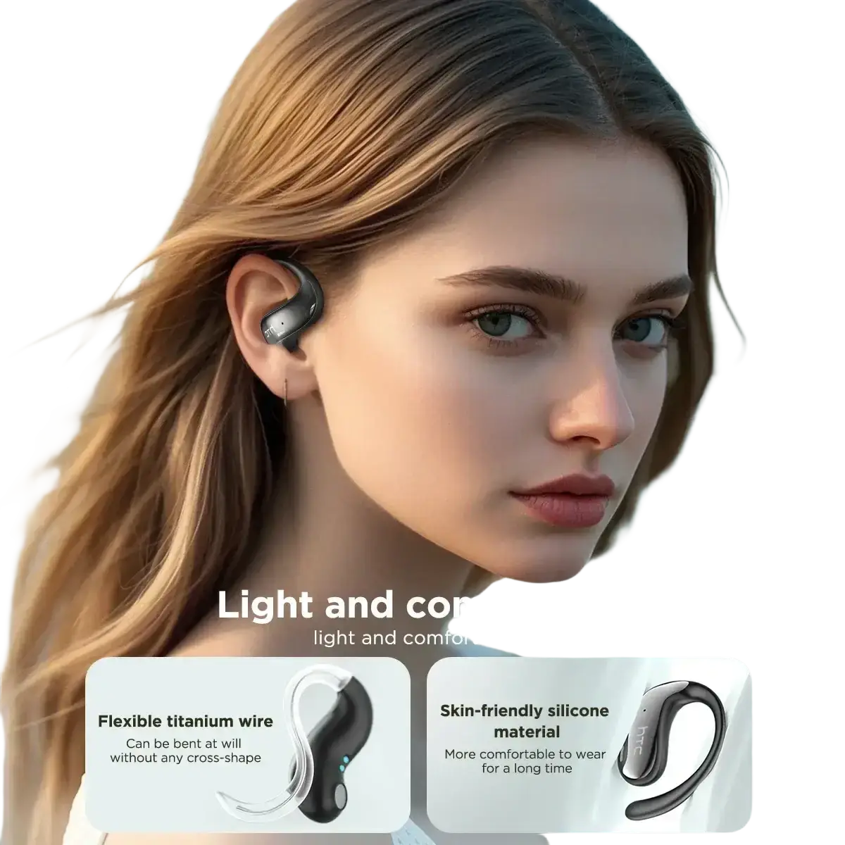 Black htc ne19 ear hook wireless earbud with flexible titanium wire and skin-friendly silicone charging case
