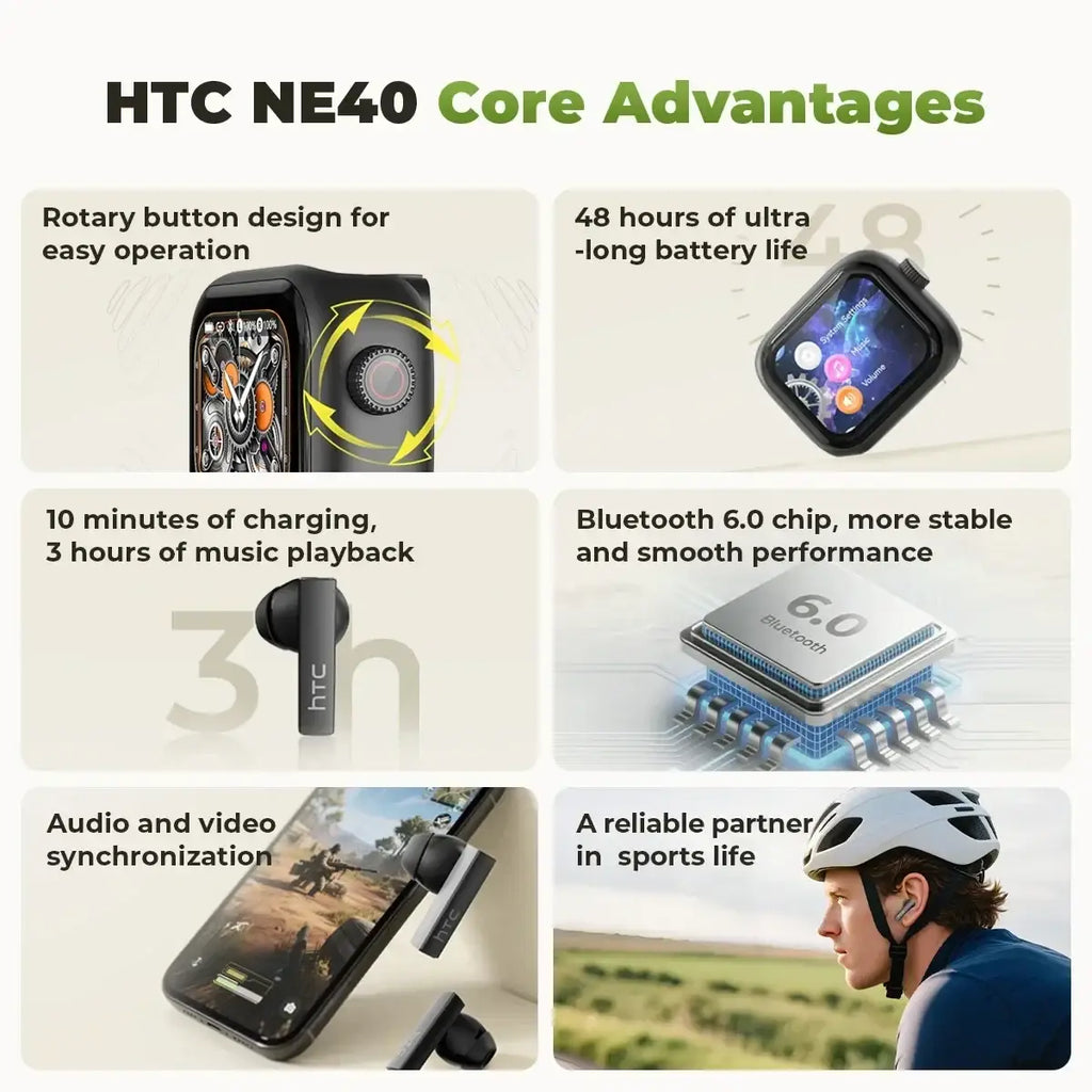 Black htc ne40 smartwatch with colorful display and rotary button design paired with htc ne40 charging case