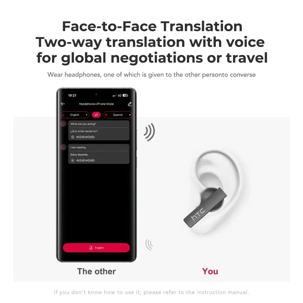 Black htc ne40 wireless earbuds with touch charging case designed for face-to-face translation and global negotiations