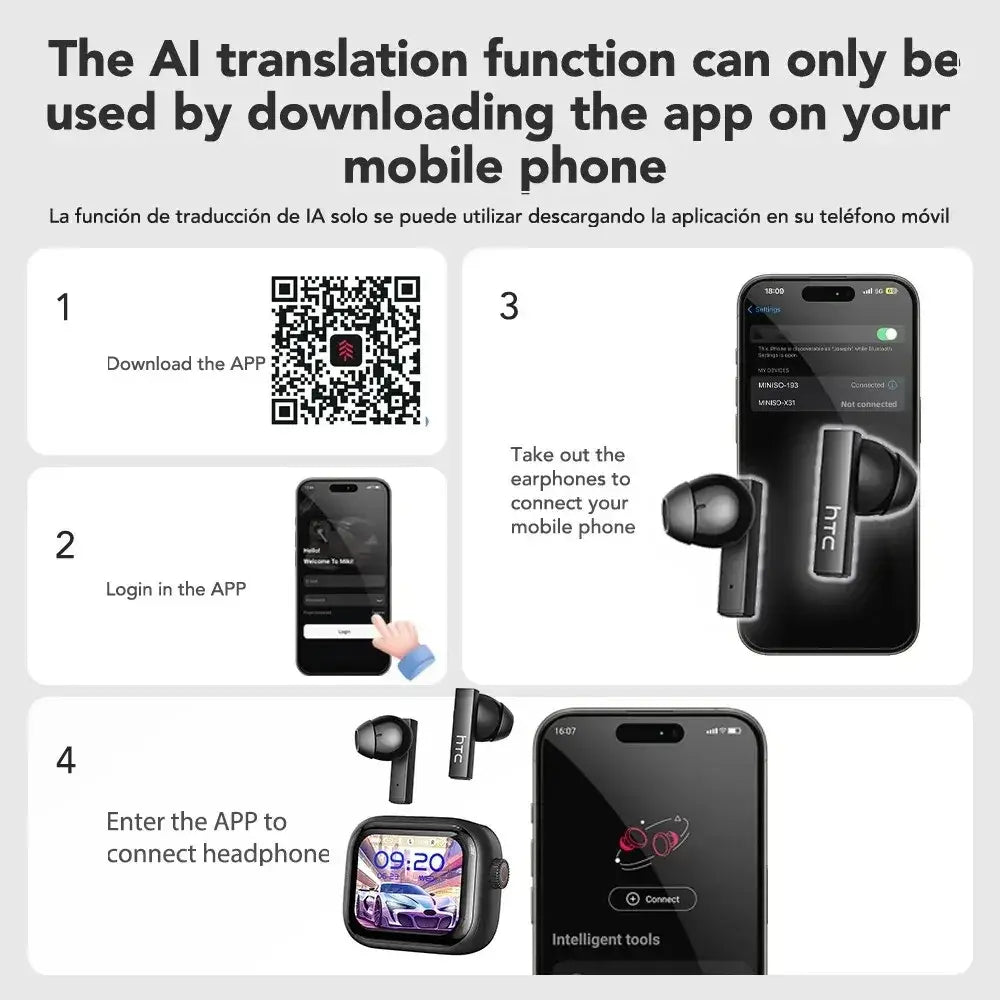 Black htc ne40 wireless earbuds with glossy finish and minimalist design shown with touch charging case