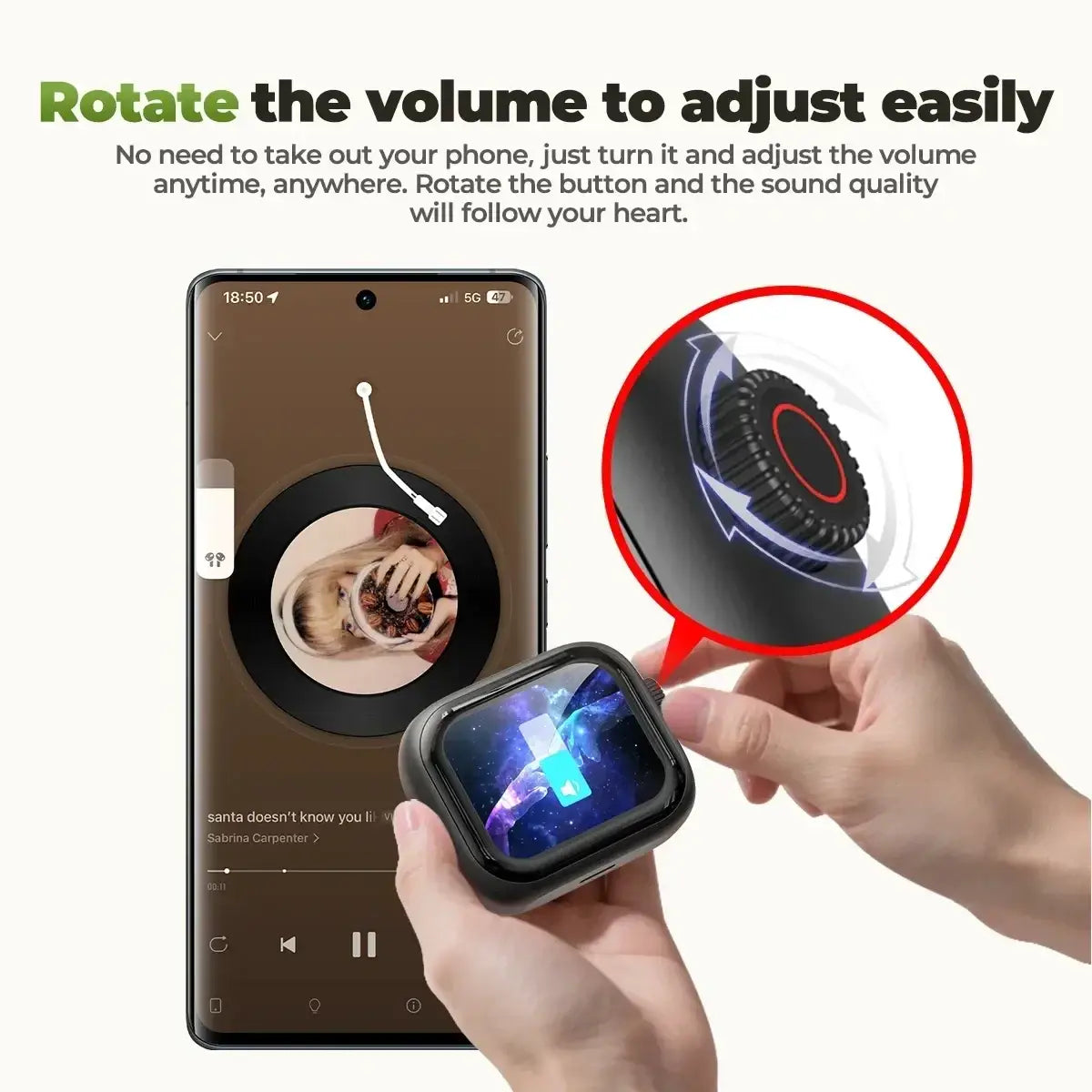 Black htc ne40 wireless earbud with circular volume control and red accent ring shown with touch charging case