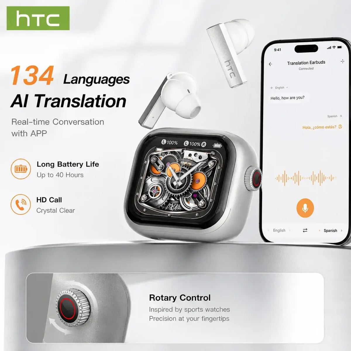 Silver htc smartwatch with mechanical gear design on face and rotary control button for htc ne40 wireless earbuds charging case