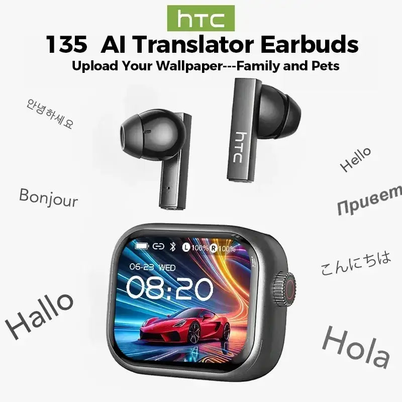 Black htc ne40 wireless earphones with smart charging case and matching sleek smartwatch displaying vibrant screen graphics